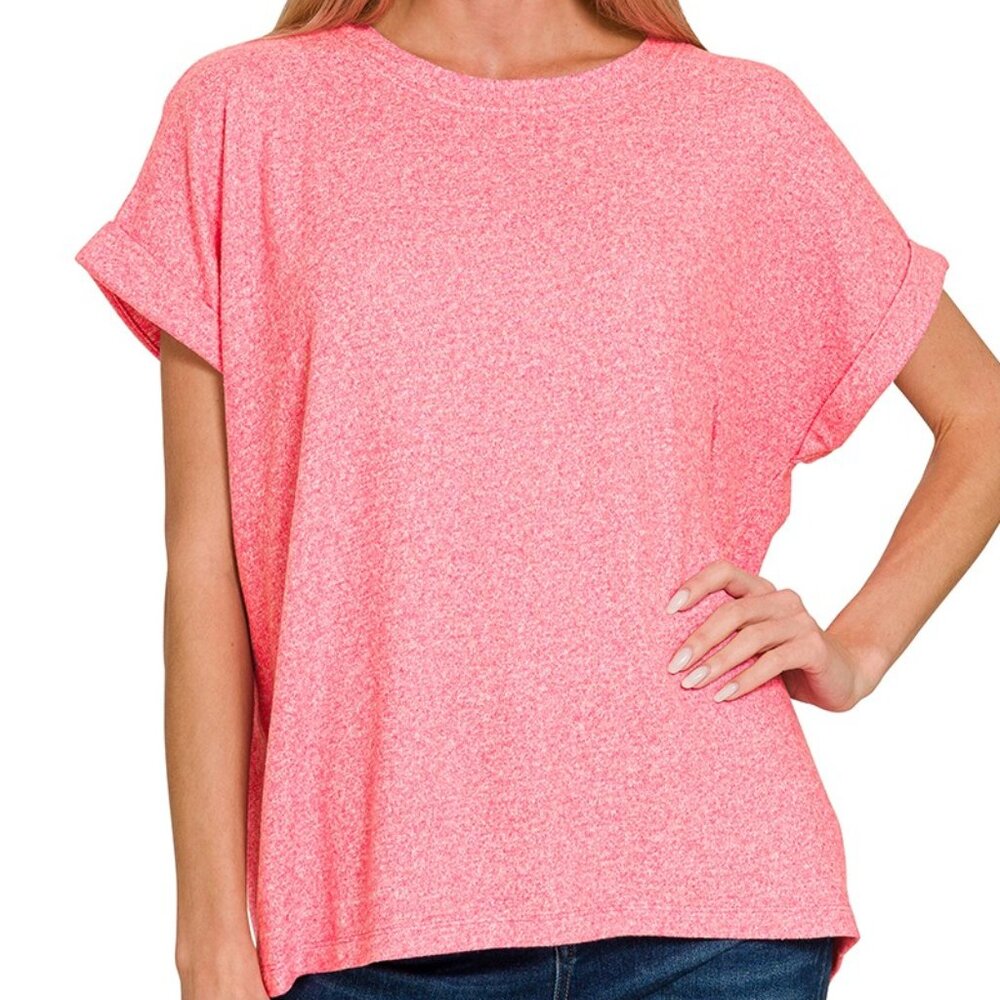 Zenana Soft Melange‎ Hacci Short Sleeve Round Neck Top